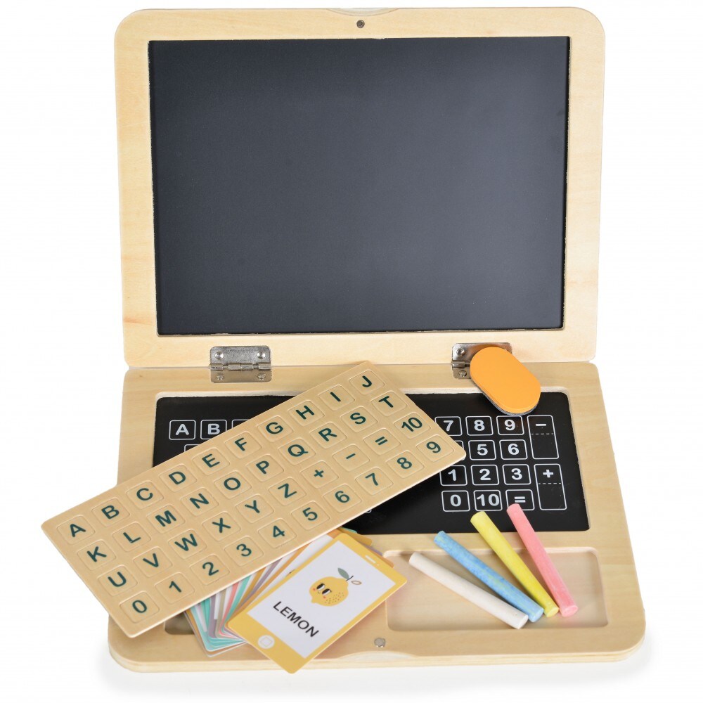 Tooky Toy Kinderspielzeug Holz-Laptop TH819, Magnet-Buchstaben, bunte Kreide beige