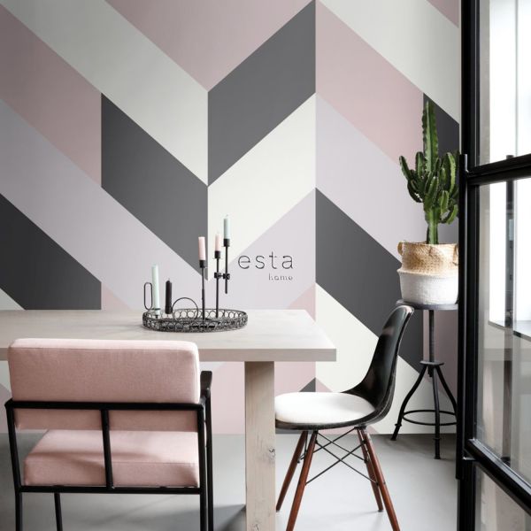 Estahome Visgraat Motief Fotobehang  - 1,5 x 2,79 m - Zwart / Wit / Oudroze