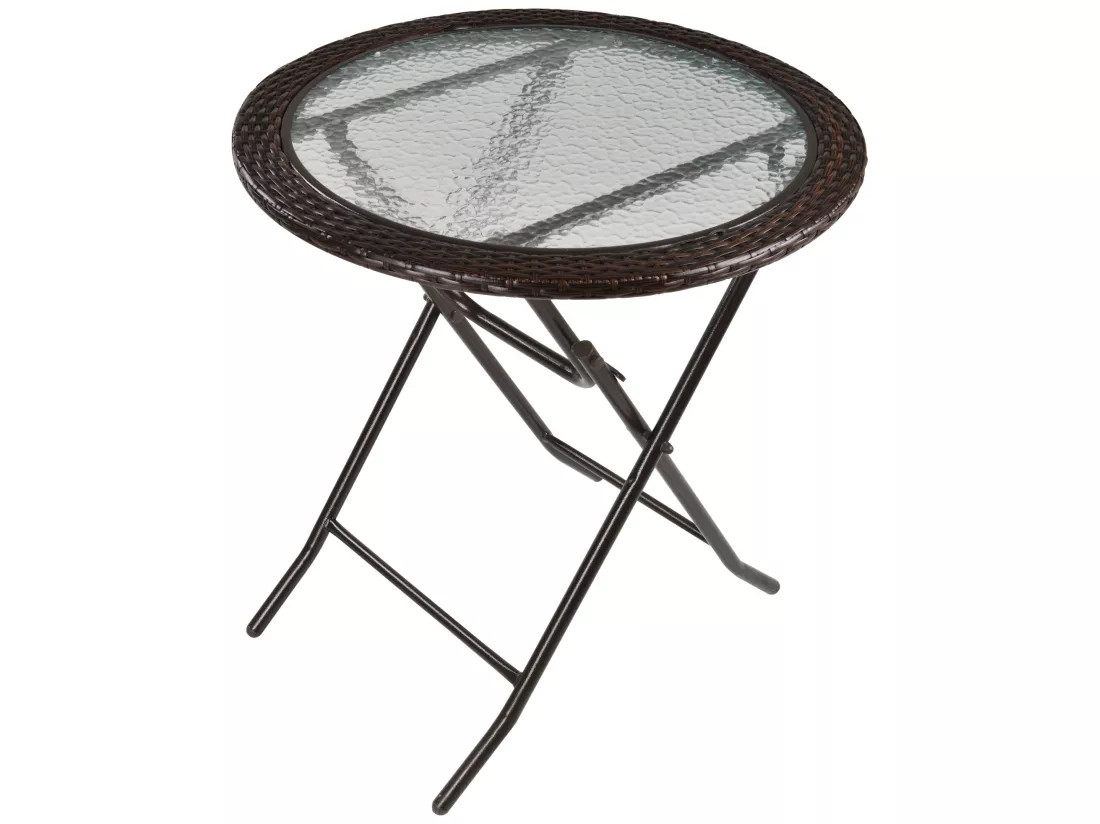 Table ronde bistro de jardin pliable dim. Ø 68 x 73H cm métal époxy résine tressée chocolat plateau verre trempé