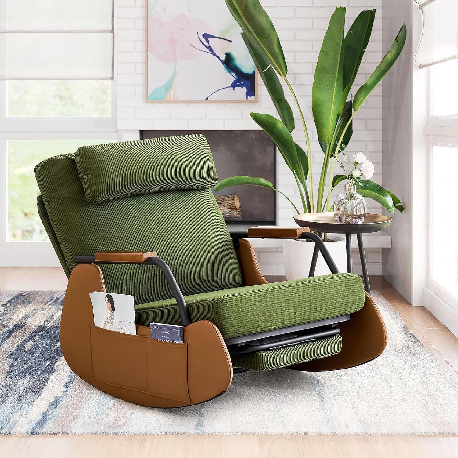 AVAWING Schaukelstuhl mit Klappbarer Rückenlehne,Schaukelsessel mit Kordober Holz und PU,Rocking Chair Schwingsessel für Wohnzimmer,Schlafzimmer,Beige-grün