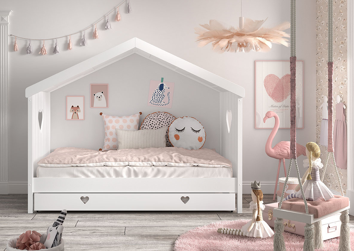Hausbett AMORI - weiß - teilmassiv - mit Bettschublade - 90x200 cm