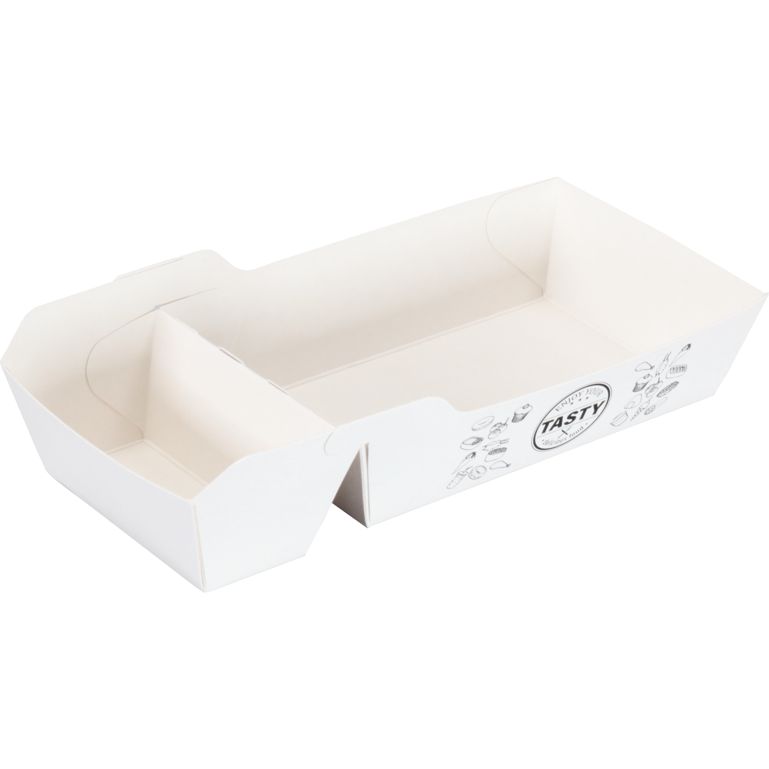 Bak, Karton + kleicoating, A22, TASTY, snackbak, 150x70x35mm, wit