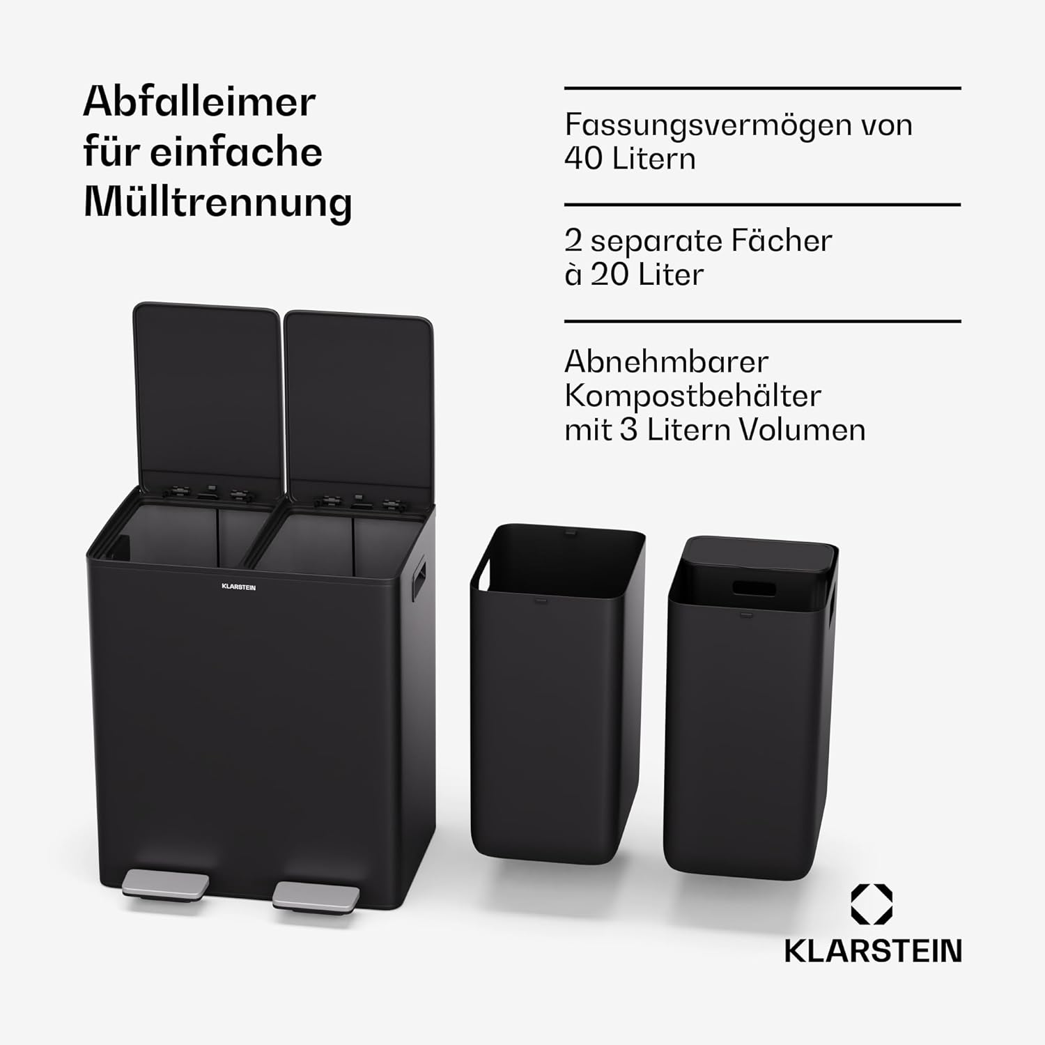 Klarstein EcoVista Mülleimer - 40L Abfalleimer mit 2 Fächern & 3L Komposteimer, Soft-Close, Edelstahl, Küchen-Abfalleimer, Mülltrennsystem