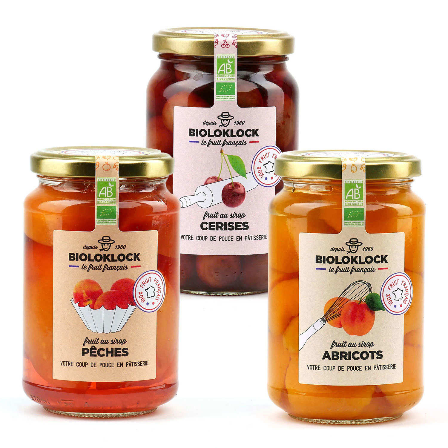 Assortiment de 3 bocaux de fruits au sirop (cerises, pêches, abricots)