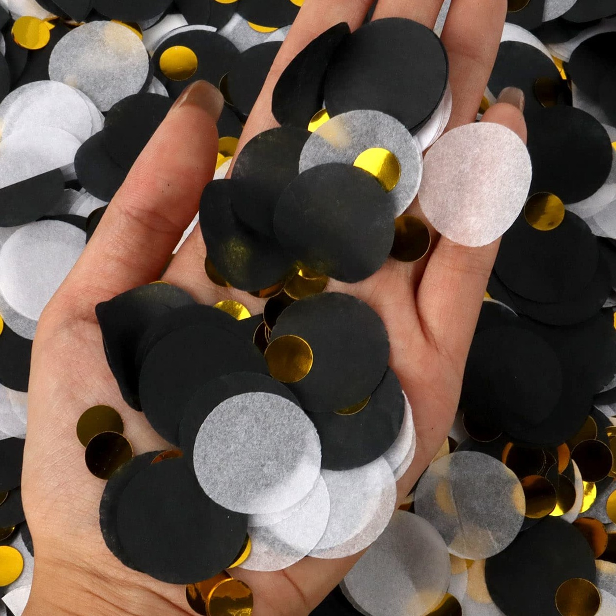 (50g) Seidenpapier Konfetti Party Dekoration Runde Streukonfetti Metallic Tischdeko - Schwarz / Weiss / Gold