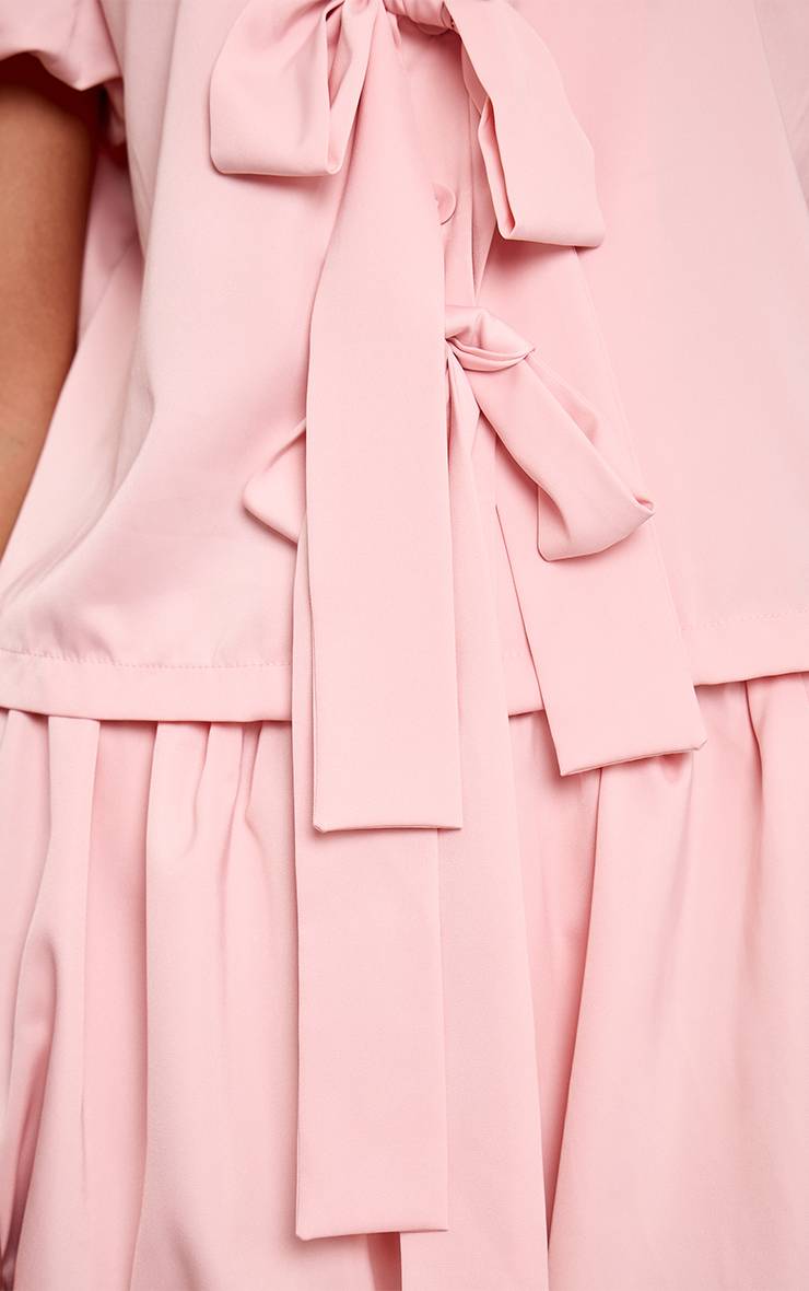 Rose Bébé Pyjama Court À Nœud Et Manches Bouffantes