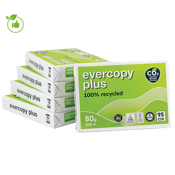 Papier blanc recyclé Evercopy Plus A4 80g, 5 ramettes de 500 feuilles