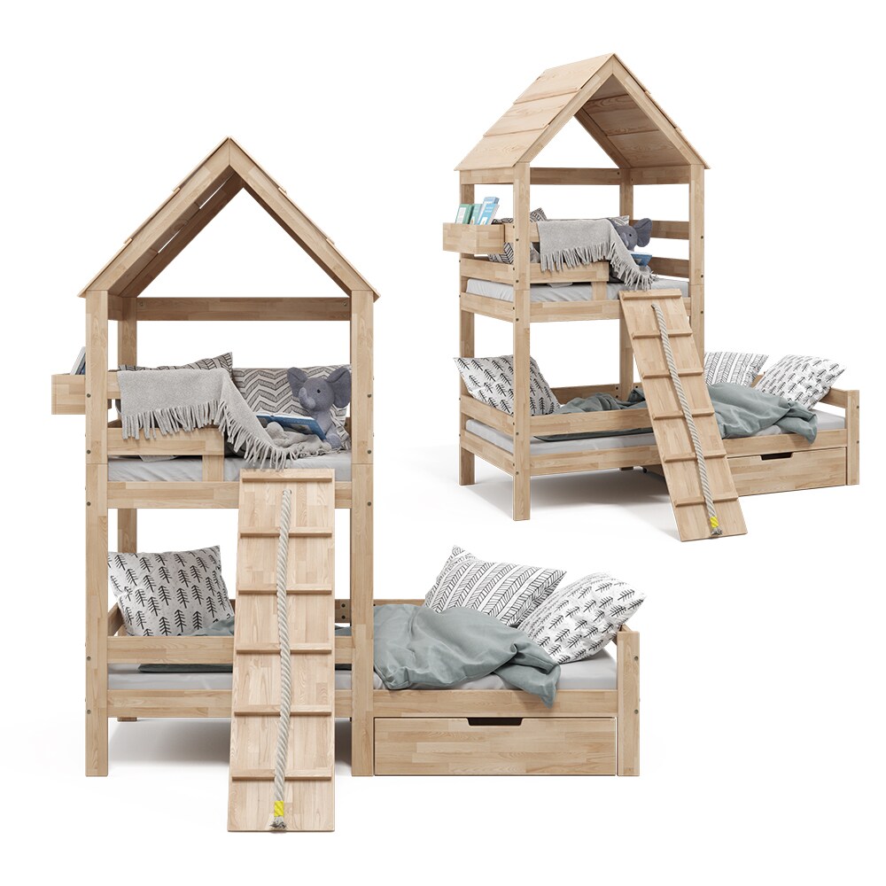 VitaliSpa Spielturmbett Kinderbett Spielbett Teddy Natur modern 208x235 cm Massivholz Kinderzimmer Lattenrost Bett Schublade Abenteuerbett Kletterbett