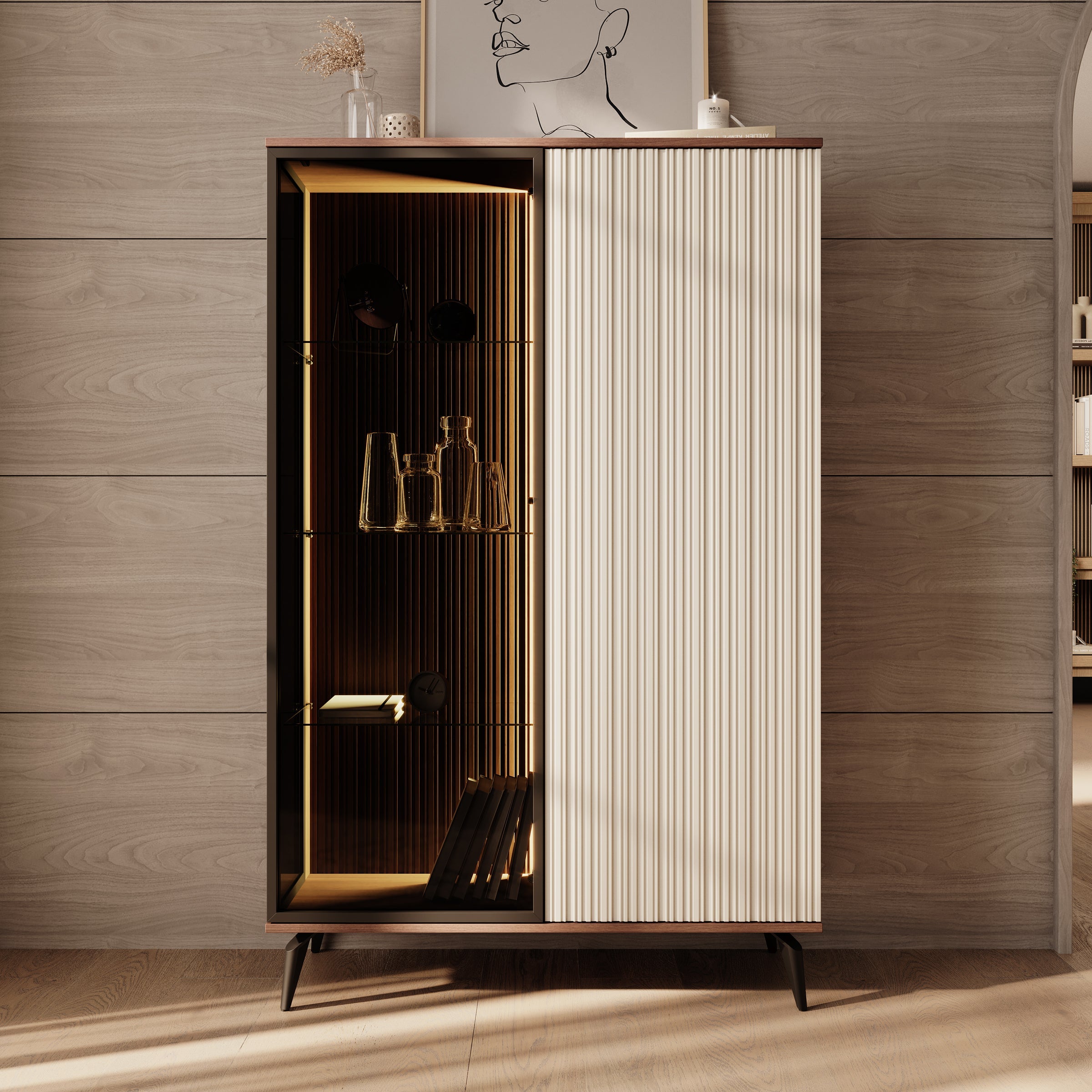 Meubella - Riverhead - Vitrinekast - Beige|Eiken - 103x39x162 cm