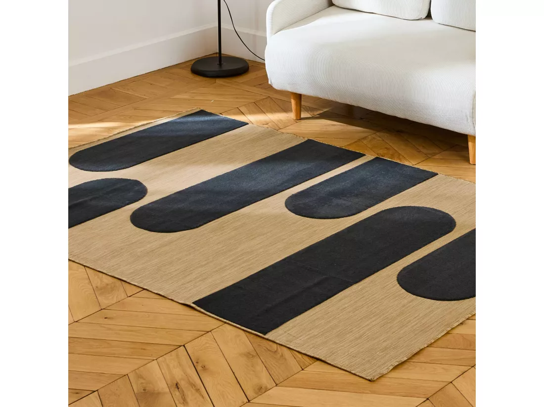 Tapis intérieur/extérieur beige motif géométrique noir 200x290cm tissé plat