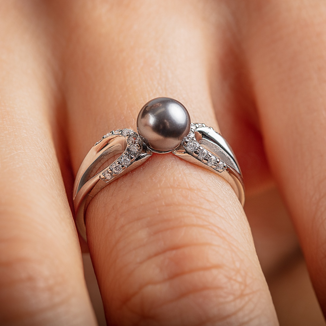 Damenring 925 Silber rhodiniert mit schwarzer Kunstperle 6mm und Zirkonia