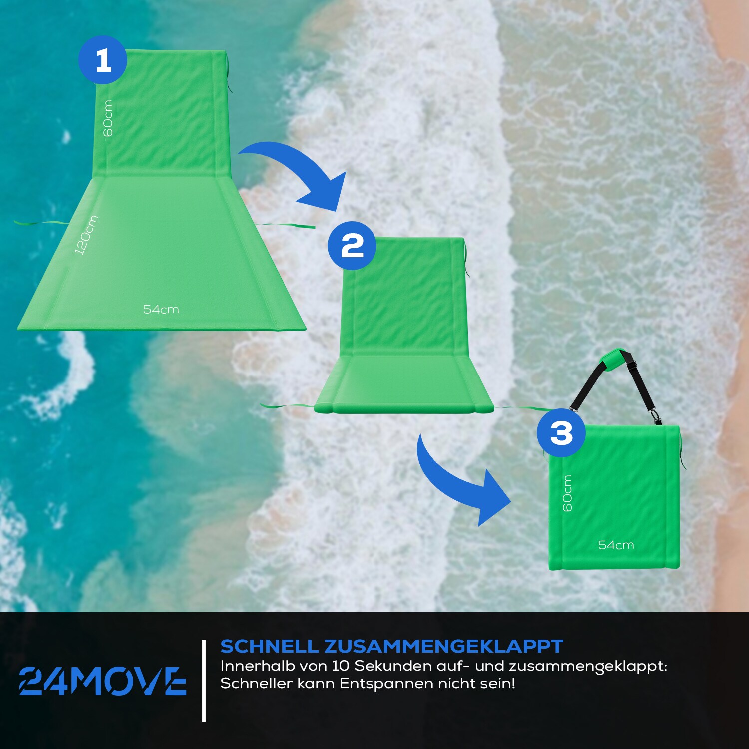 24MOVE® Strandmatte 2er Set klappbar mit Rückenlehne, Strandliege mit Gurt, tragbar für Strand und Garten, Liegematte grün