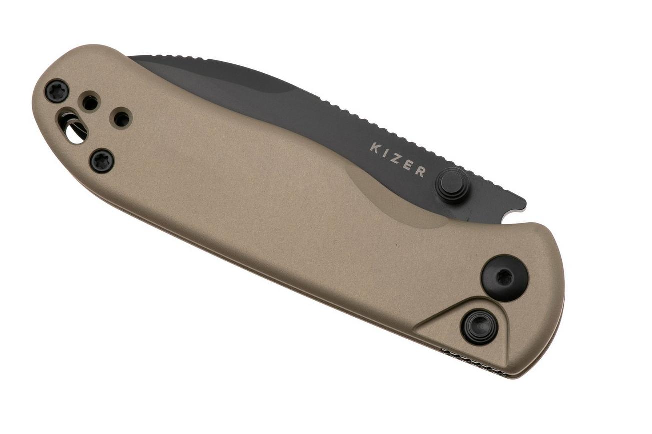 Kizer Vanguard Drop Bear 2, V3619-2CD1 Black DLC Nitro-V, Tan Aluminum, zakmes, Azo design