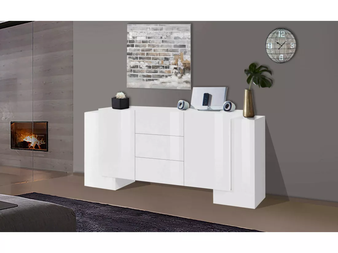 Buffet Dcuom, Buffet de cuisine avec 2 portes et 3 tiroirs, Buffet de salon, Buffet de cuisine, 100% Made in Italy, 210x45h85 cm, Blanc brillant