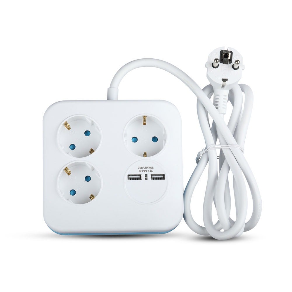 3-voudig verlengsnoer - USB - IP20 - Wit - 1,4 m kabel - Vierkant - Stopcontact - Stekkerdoos