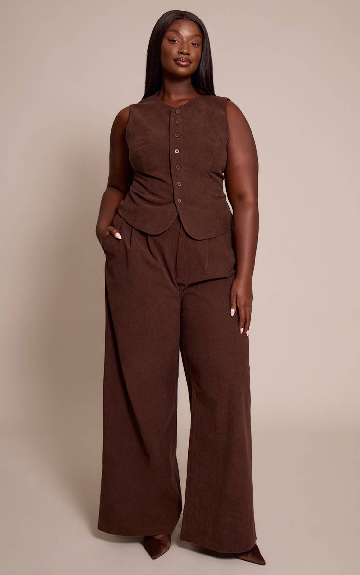 Marron Foncé Pantalon Large Tailleur En Velours Côtelé Avec Détail Noué Coordonné