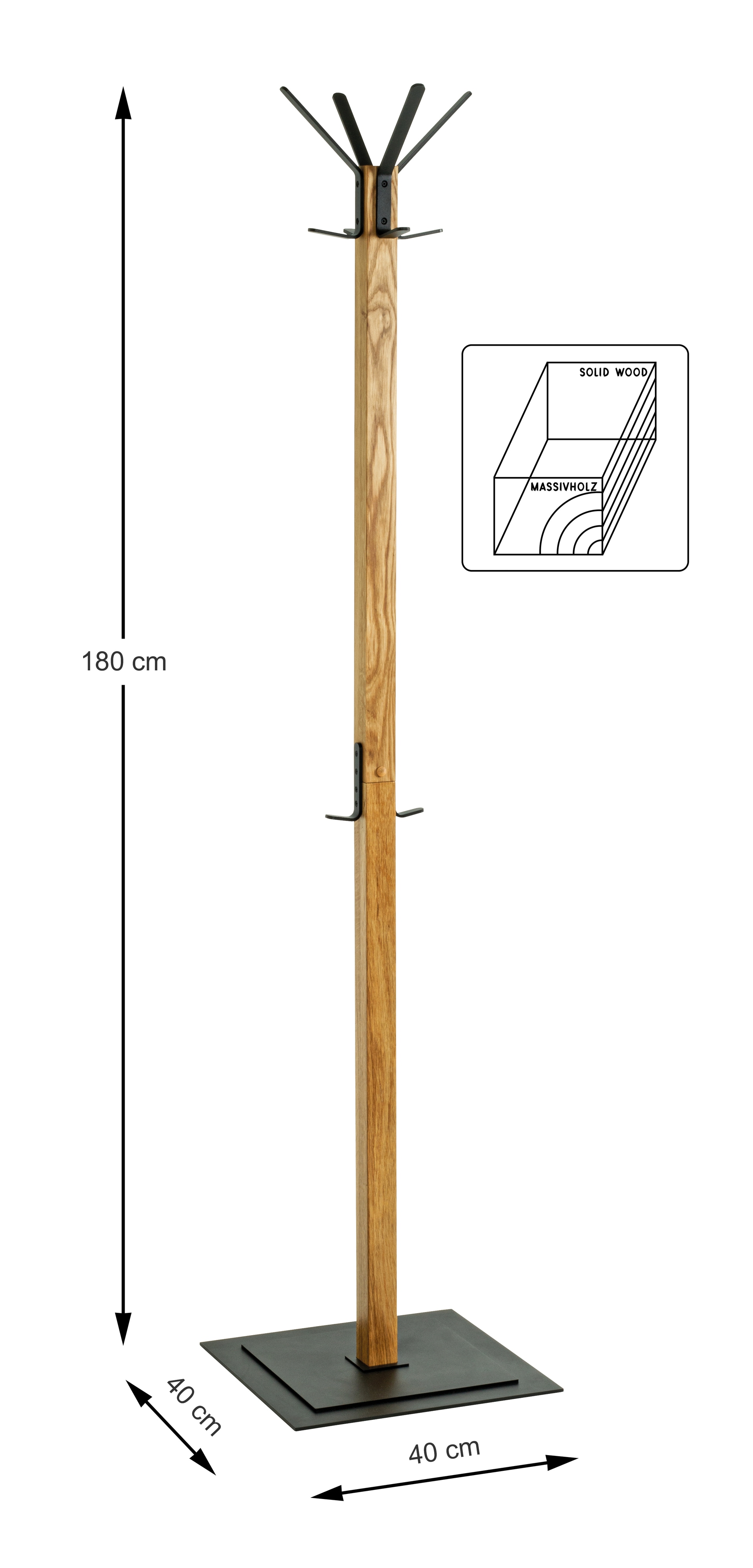 Garderobenständer ohne Schirmhalterung 40 x 180 cm Eiche massiv/schwarz