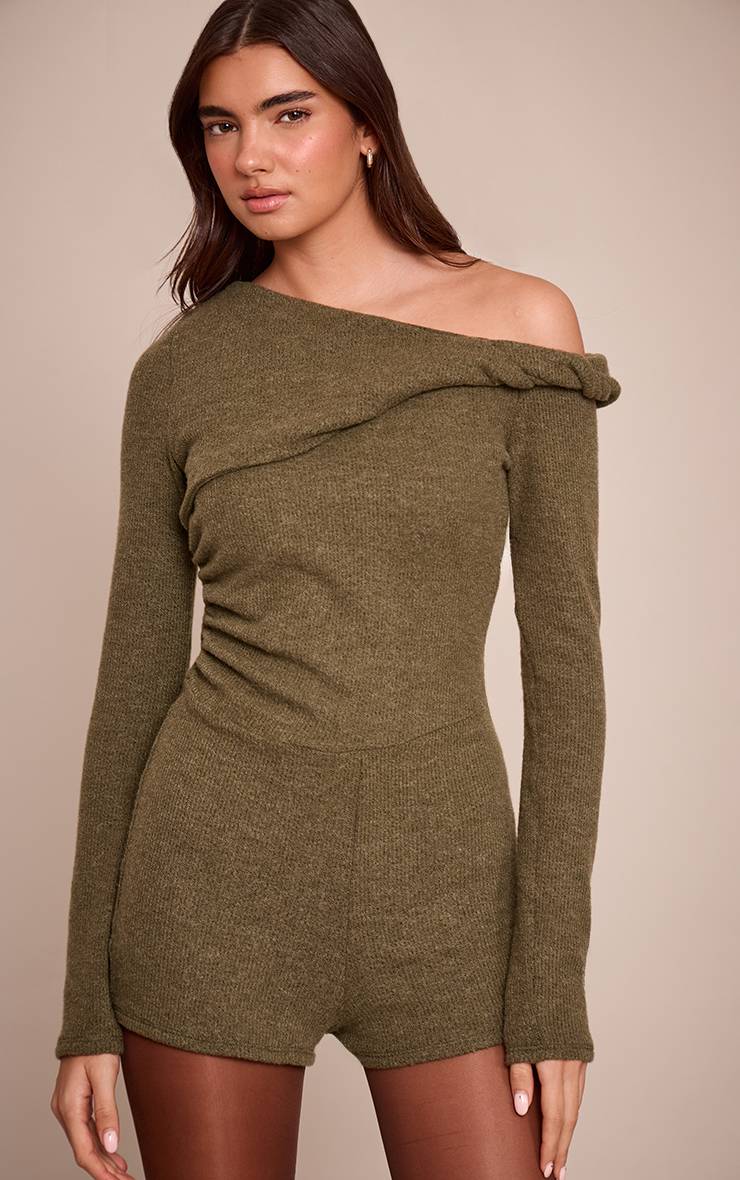 Vert Olive Body Côtelé À Épaules Dénudées Avec Détail Torsadé