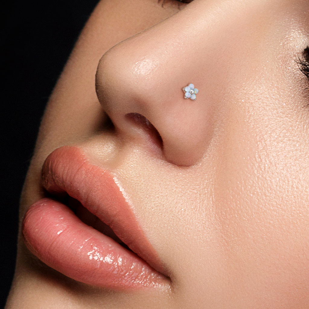 (6mm) Nostril / Helix / Tragus 316L Chirurgenstahl Mehrzweck Stecker Piercing Blume - Silber / Weiss
