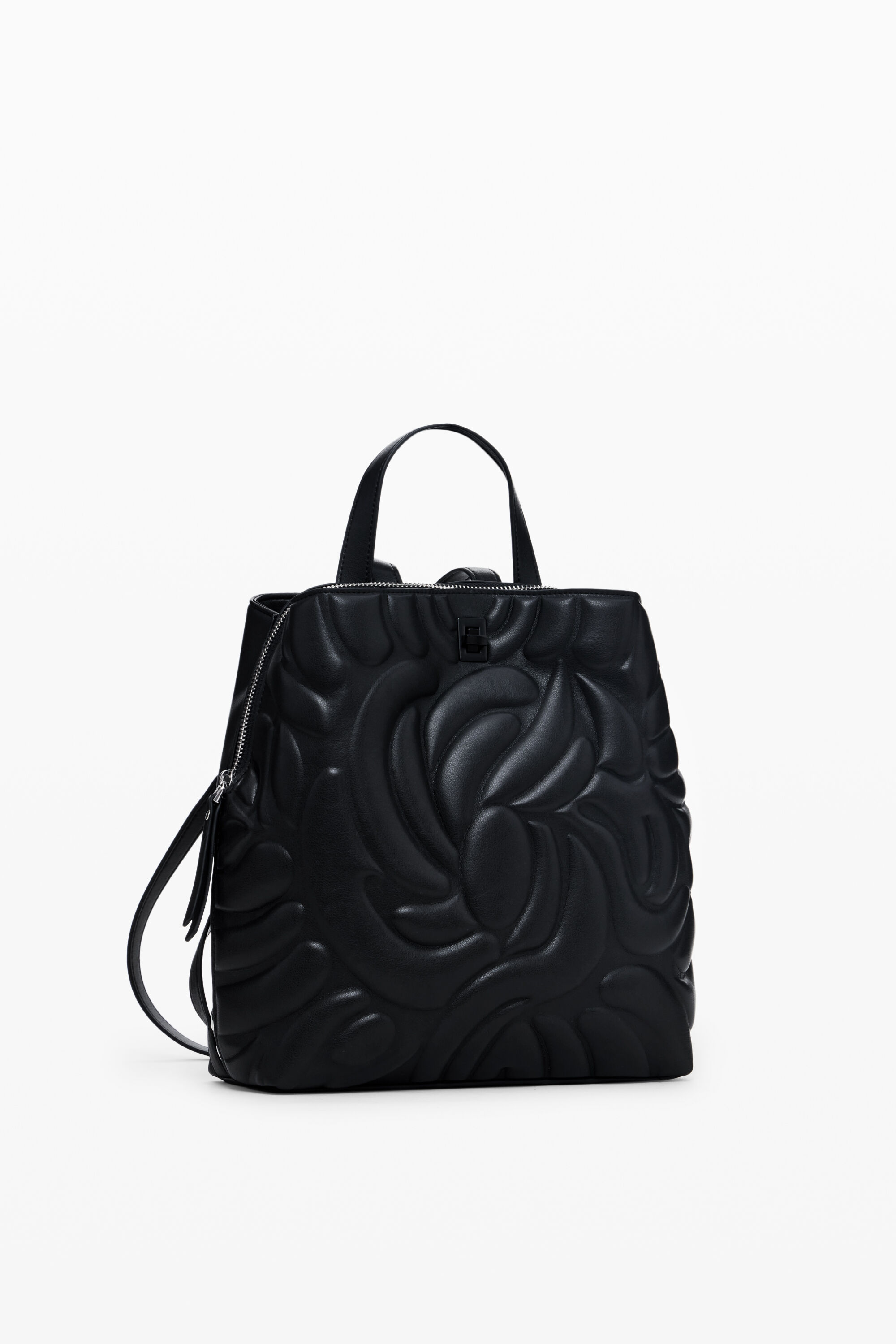 Mini mochila com estampa floral geométrica.