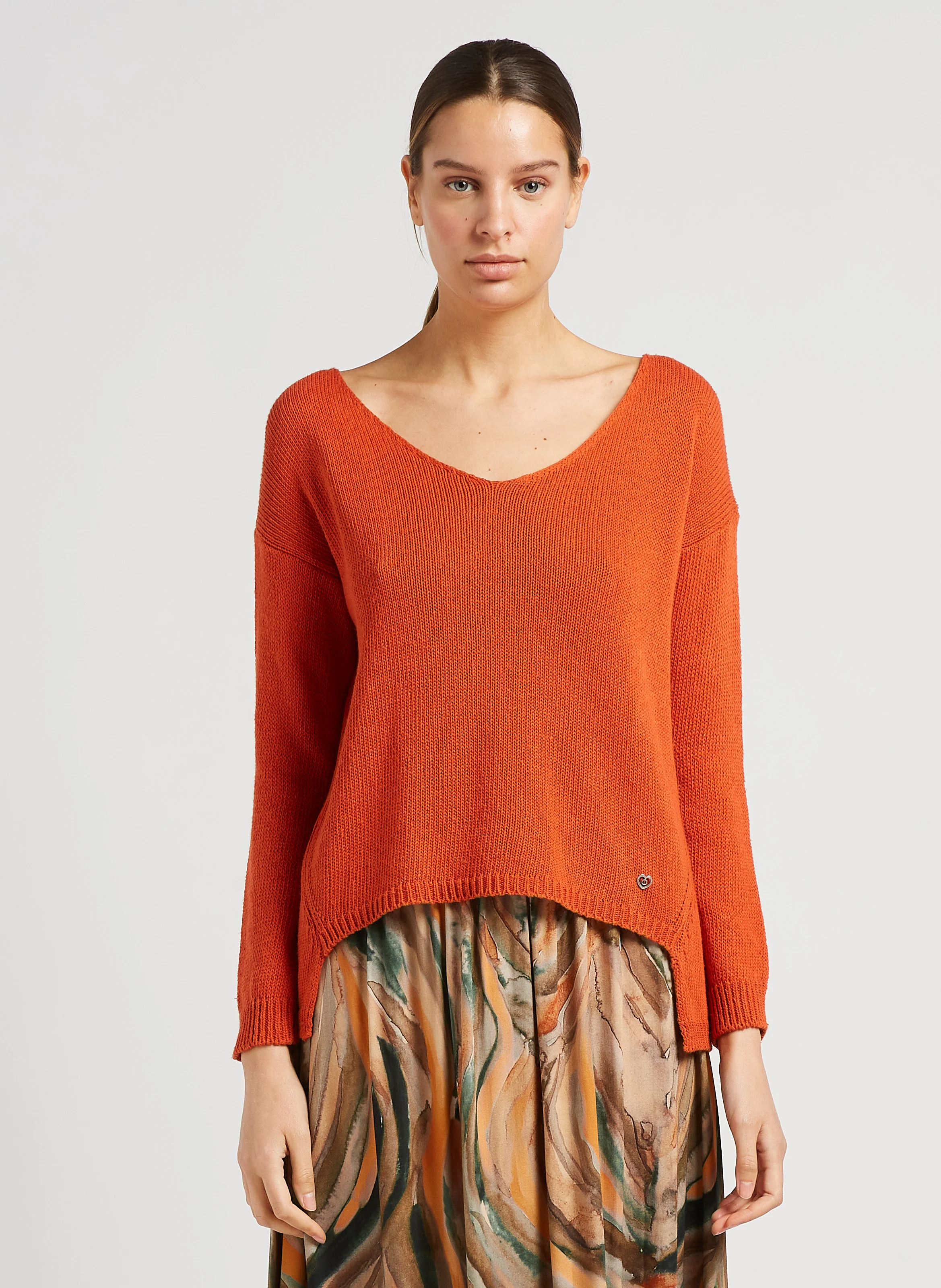 Pull en maille col V en coton mélangé| Orange