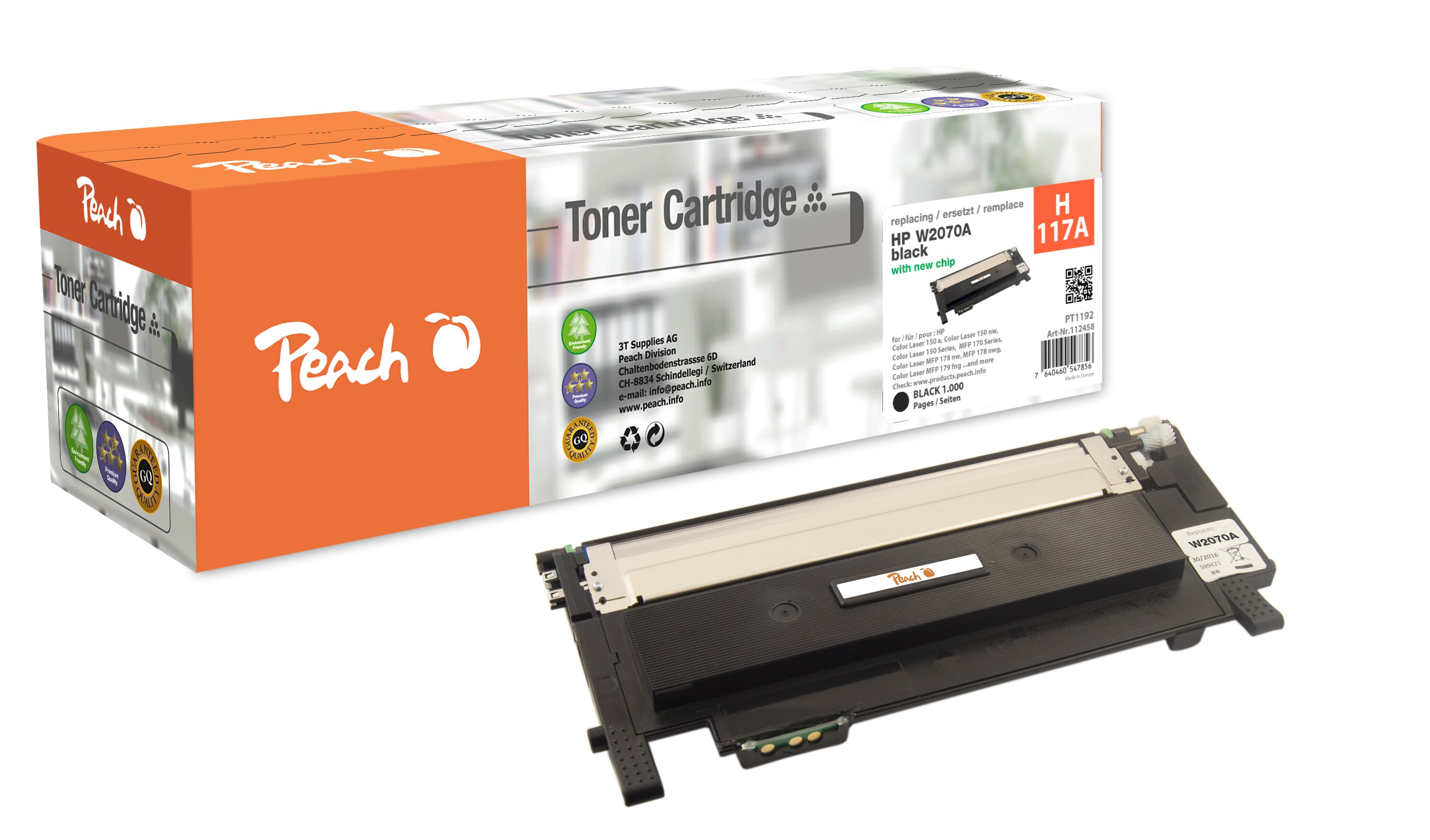 Peach HP 117 ABK Toner bk ersetzt HP No. 117A BK, W2070A für z.B. HP Color Laser MFP 178 nw, HP Color Laser MFP 179 fwg, HP Color Laser 150 a (wiederaufbereitet)