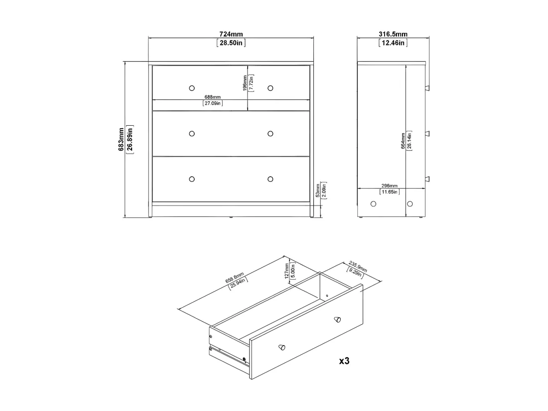 Maria Commode basse avec 3 tiroirs, noyer clair.