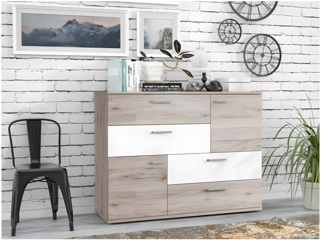 Commode 2 portes 4 tiroirs décor chêne cendré blanc - DEST