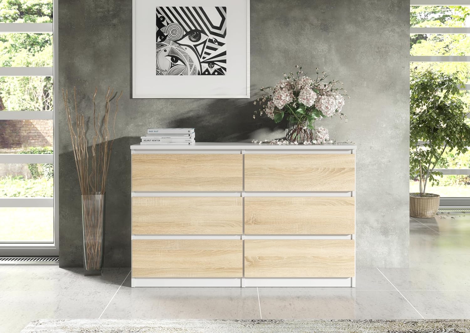 meble masztalerz Kommode Matt mit 6 Schubladen 140 cm, Sideboard Wohnzimmer, Kommode Schlafzimmer H: 78,5cm, B: 138,6 cm, T: 39 cm mit Schubladen, Schubladenschrank (Weiß Sonoma)
