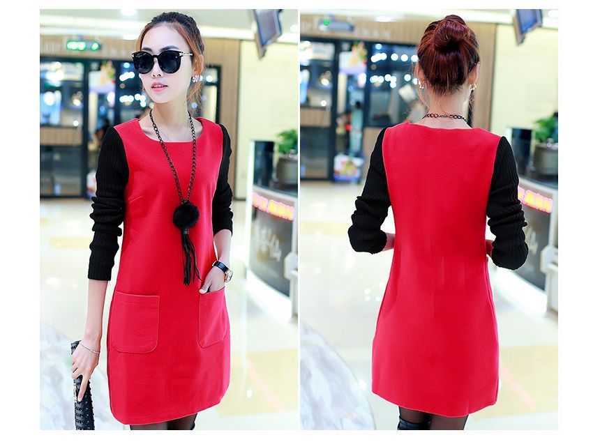 Enpheriado - Mock Two-Piece Long-Sleeve Two-Tone Mini A-Line Dress