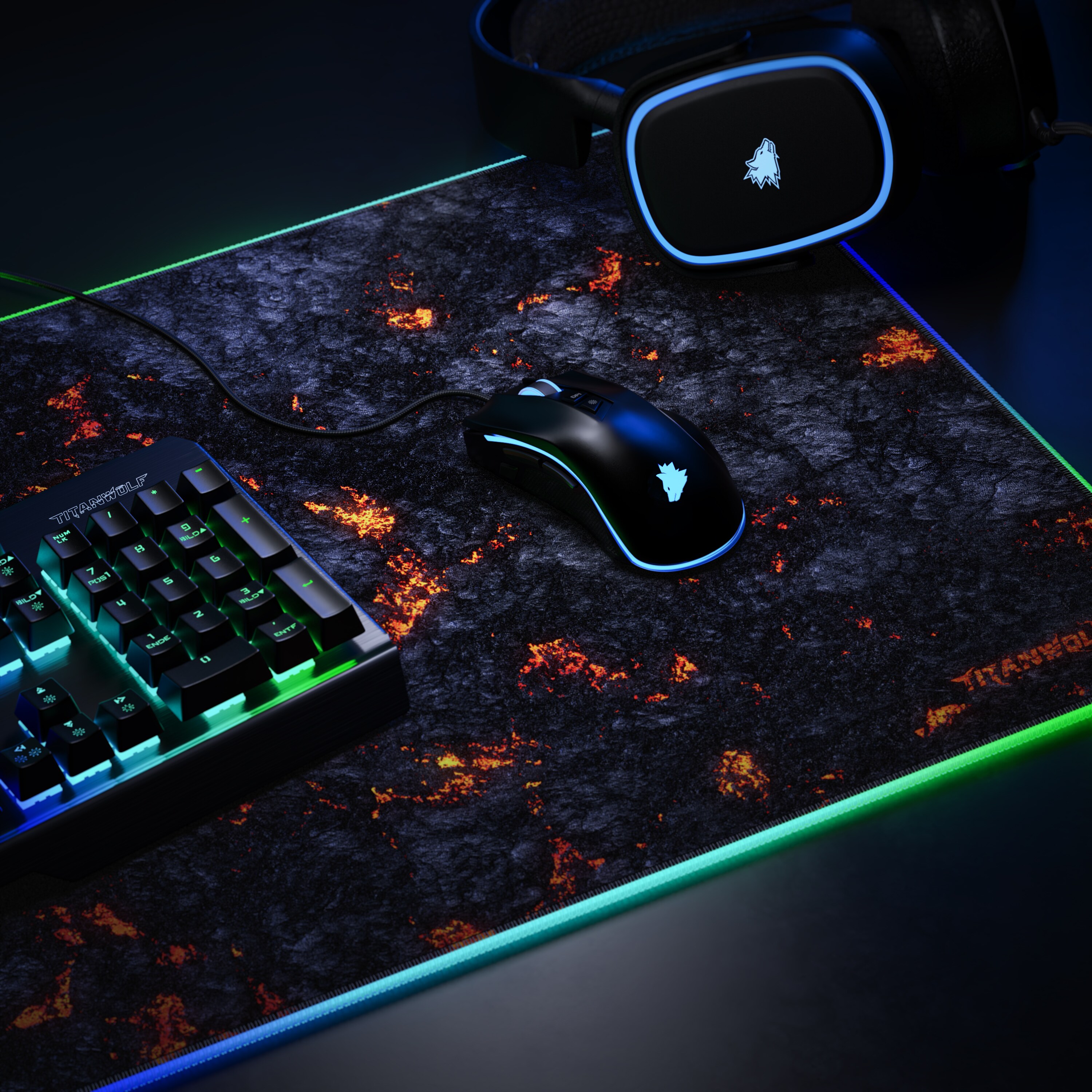 Titanwolf RGB Gaming Mauspad, Mousepad 900 x 400 mm, verbessert Präzision & Geschwindigkeit, Lavamotiv