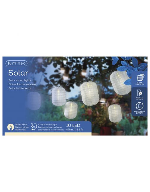 Lumineo Solar Lichtsnoer Lampion Ovaal 10 Lampjes - Tuinverlichting - 4.5 m Wit 10 led