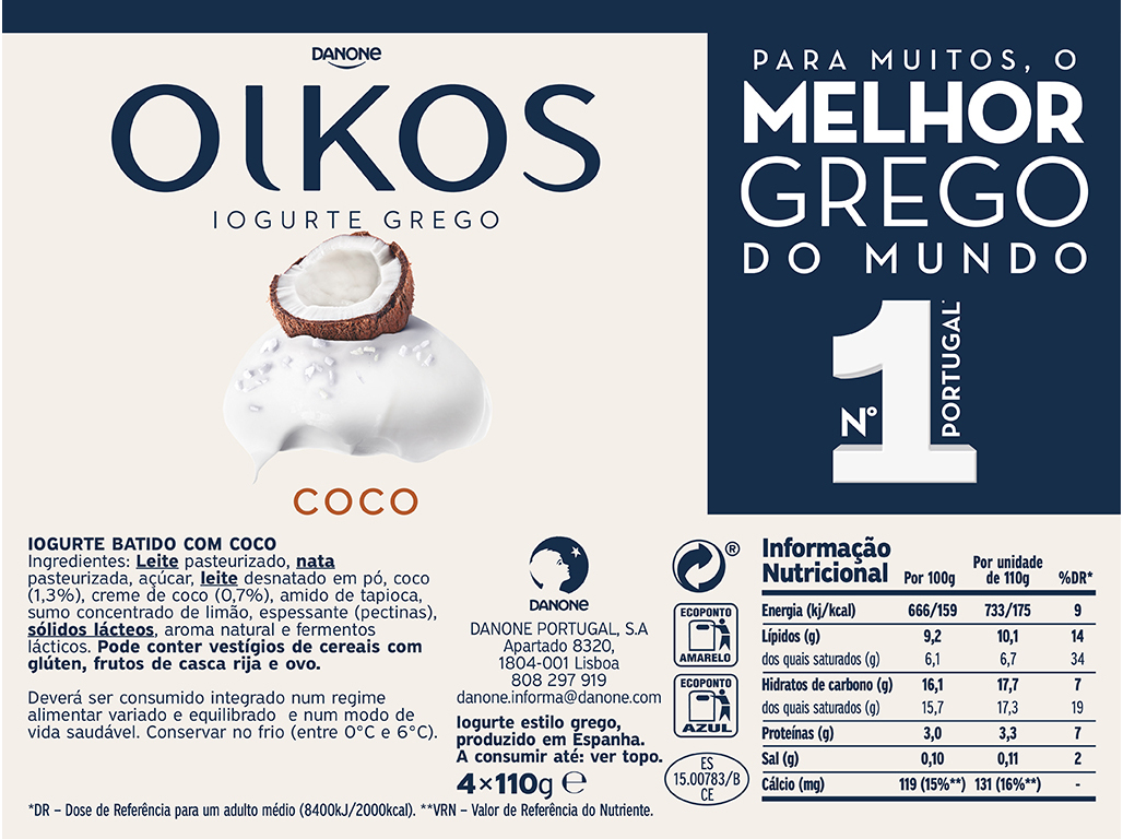 IOGURTE OIKOS GREGO COM PEDAÇOS DE CÔCO 4X110G