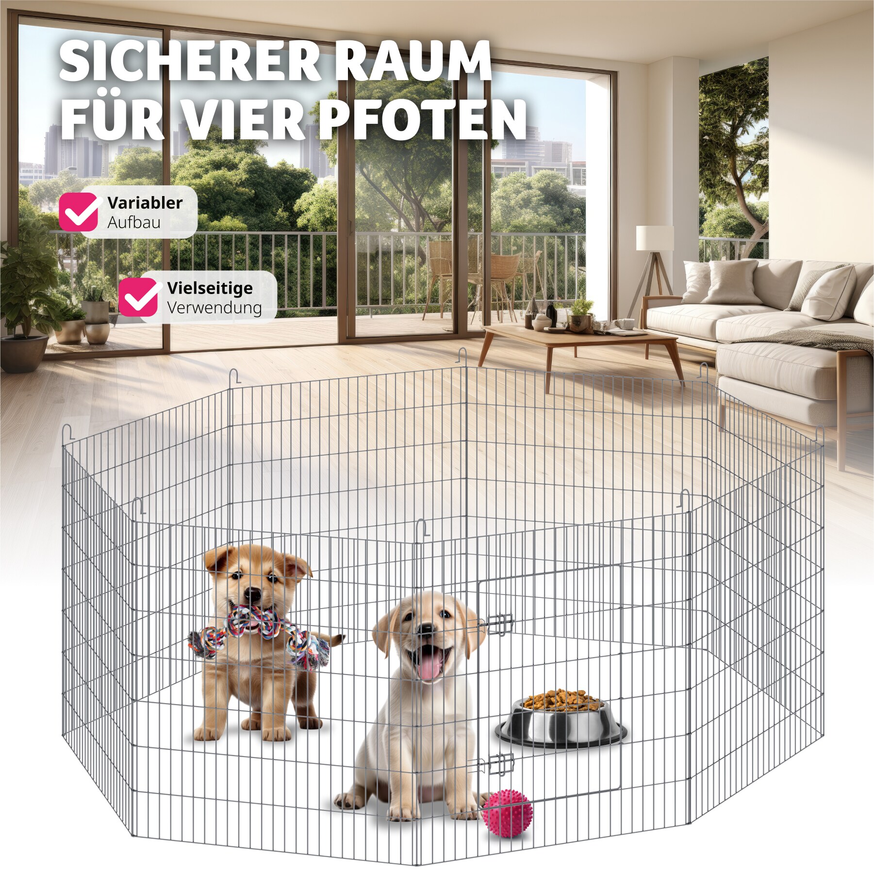 tectake® Freilaufgehege , aus 8 Gitterelementen, große Tür mit Doppelverriegelung, Ø 204 x 93 cm