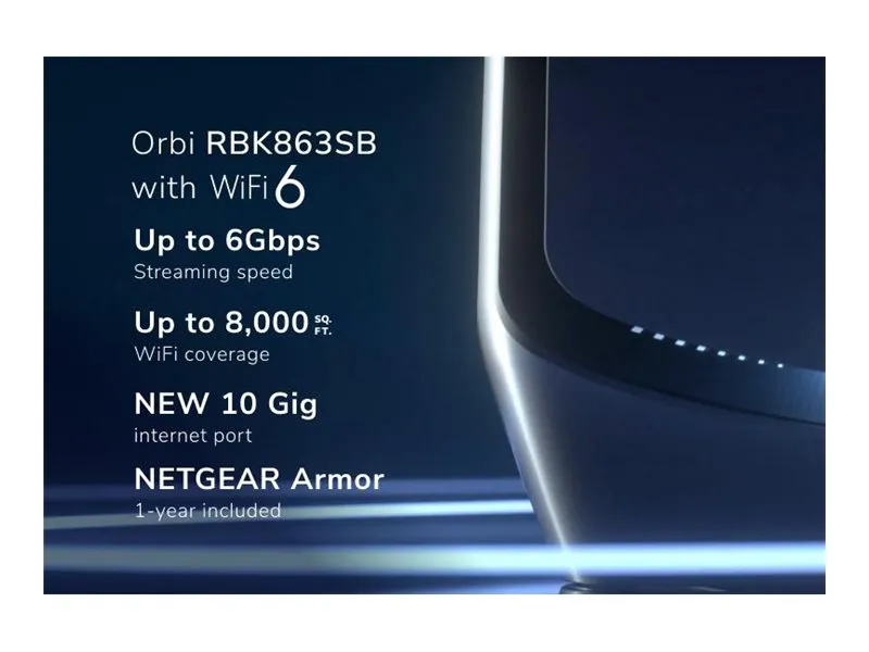 NETGEAR Orbi RBK863SB - Wi-Fi-system - (router, 2 extendere) - op til 6750 sq.ft - mesh 10GbE - Wi-Fi 6 - Tri-Band