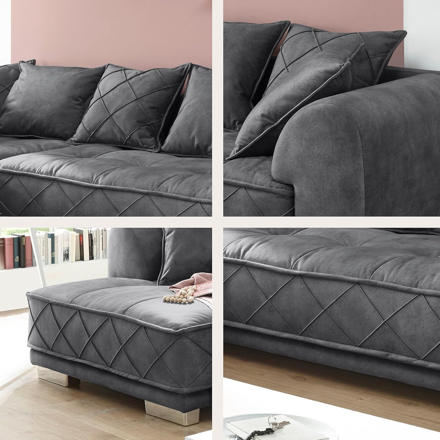 Stella Trading SENTINA Ecksofa in Samtoptik, Anthrazit - Moderne Eckcouch in L-Form mit universell stellbarer Ottomane & dekorativer Steppung - 319 x 73 (90) x 194 cm (B/H/T)
