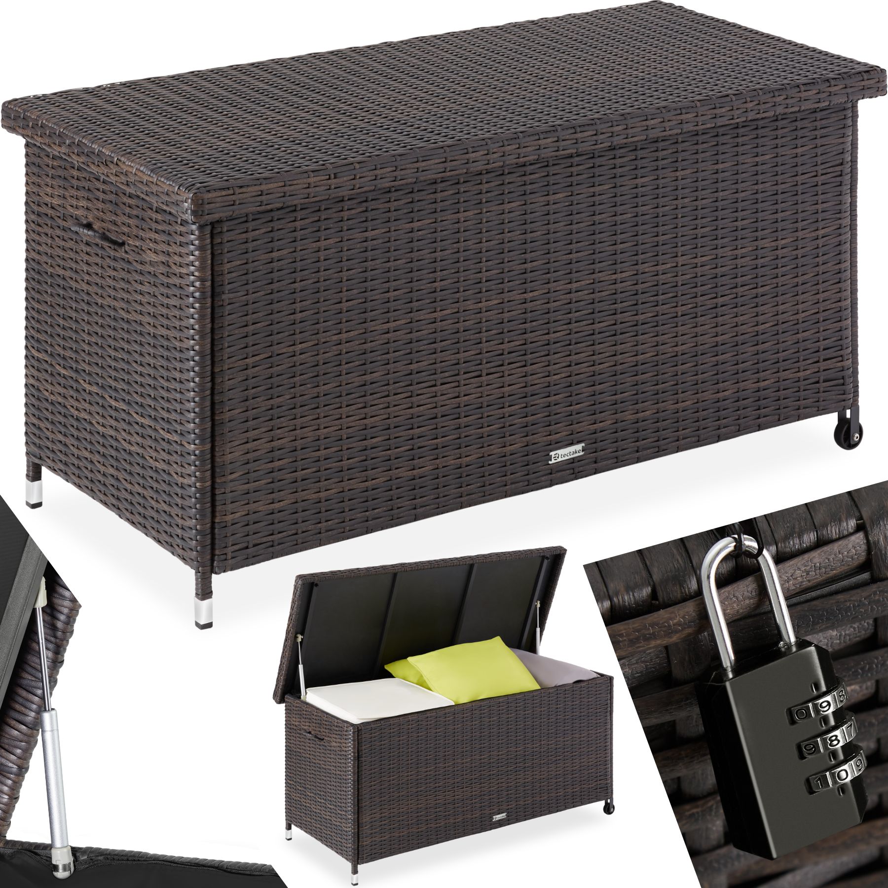 tectake® Auflagenbox, mit Rattangeflecht, komfortable Hubautomatik, 121 x 56 x 60 cm