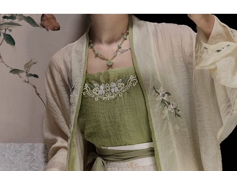 Francoix - Bloemen Hanfu Jas / Camisole Top / Maxi Rok / Set