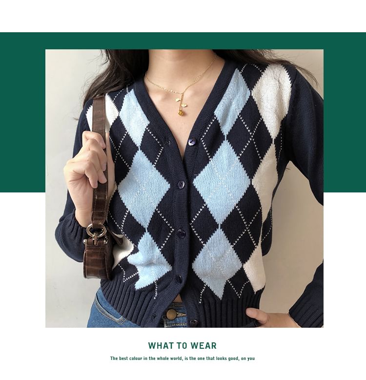 Sinora - V-hals Argyle Cropped Cardigan