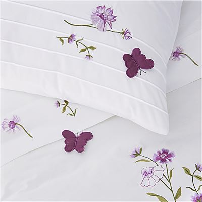 Linge de lit percale brodée fleurs et papillons - BECQUET CRÉATION