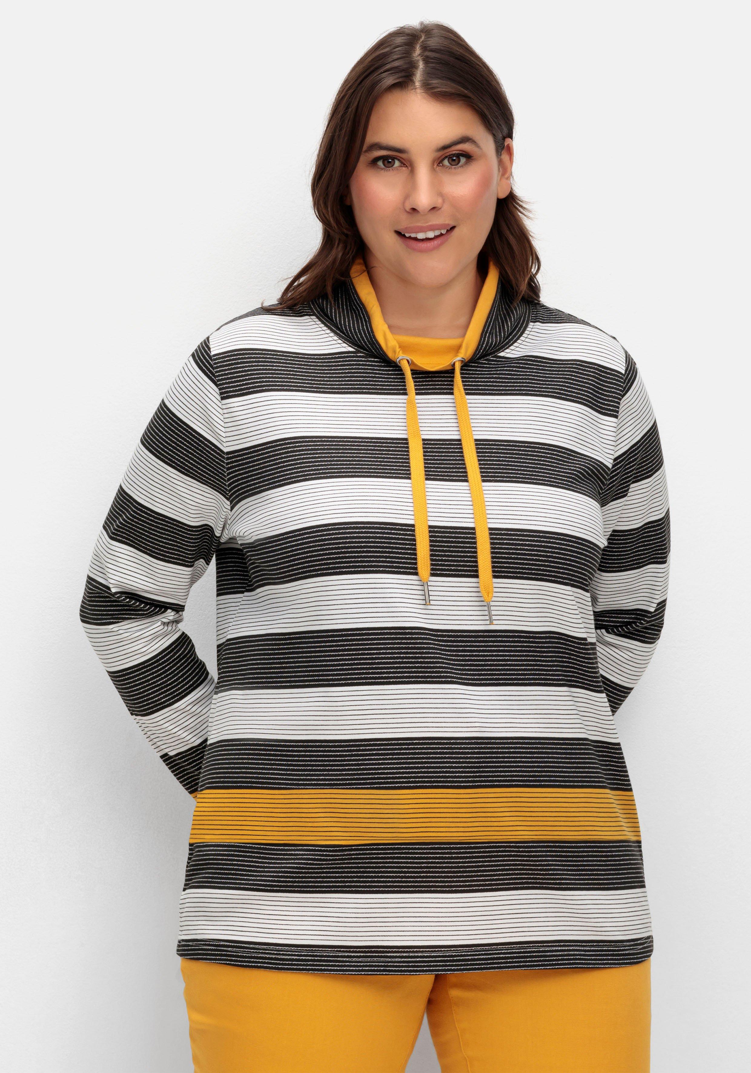 Stehkragenshirt mit Blockstreifen und Kontrastband