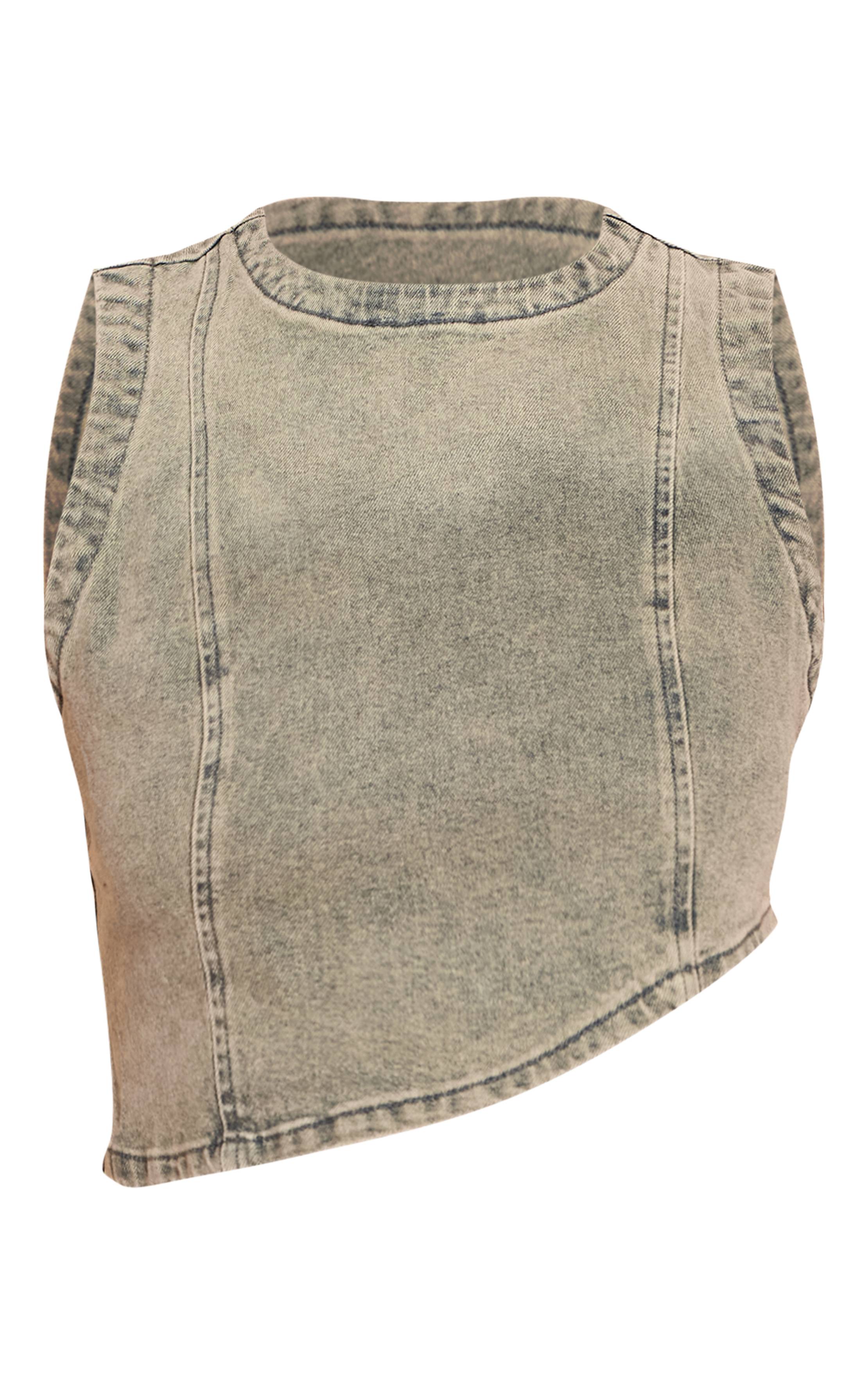 Indigo Vintage Wash Top Court Asymétrique En Denim Extensible Délavé Shape