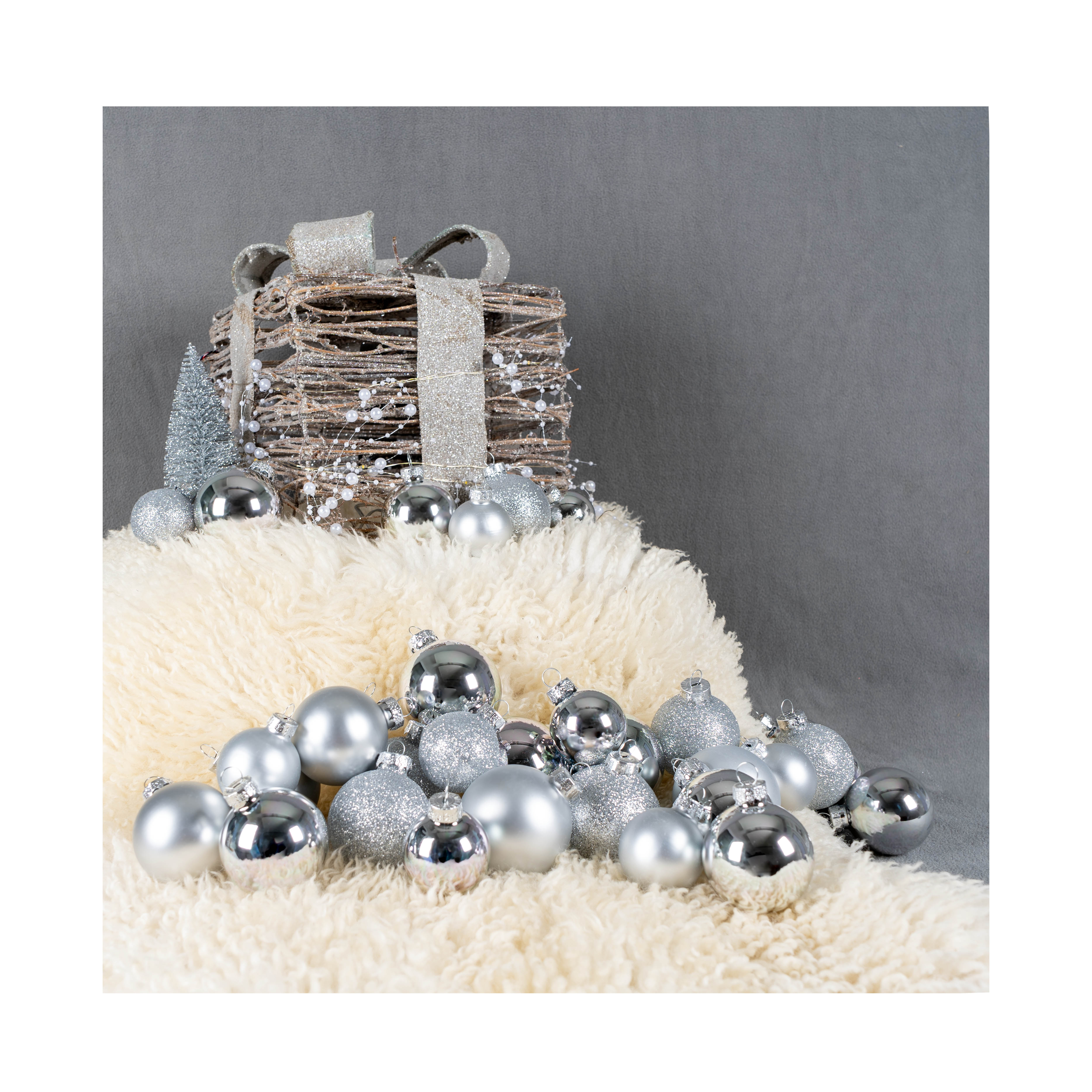 FS-STAR 34 Stück Glas Weihnachtskugeln Set silber, Kugeln Ø 40/50/60mm