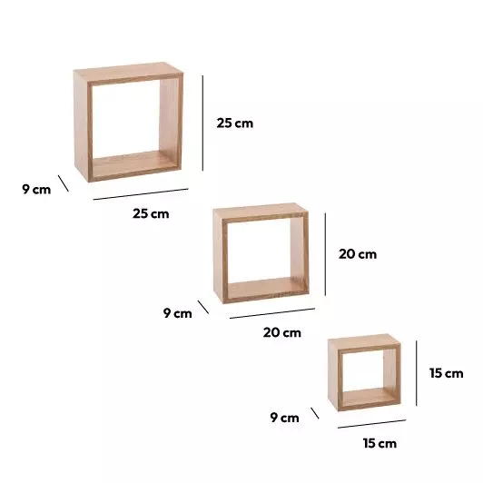 Lot de 3 étagères bois (H15-20-25 cm) Cube Naturel