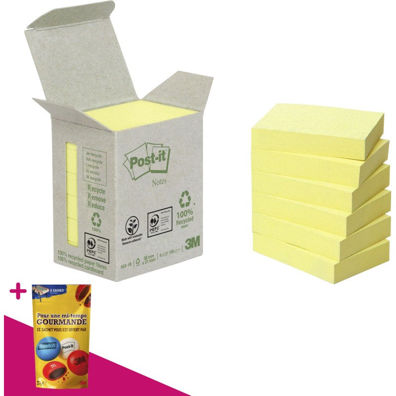 Notes repositionnables jaunes recyclées Post-It - en tour distributrice - bloc de 100 feuilles = Pour l'achat 6 notes repositionnables, 1 sachet de M&M OFFERT