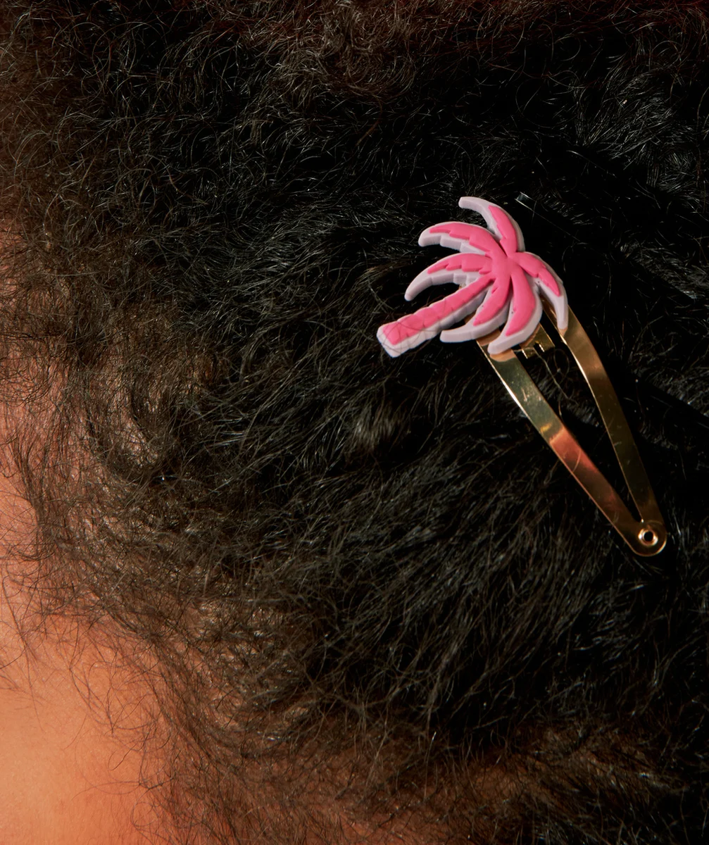 LOT DE 2 BARRETTES FILLE COULEUR DORÉE AVEC PATCHS PALMIER ET FLEUR