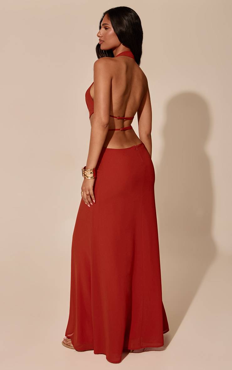 Rouille Robe Longue En Mousseline À Décolleté Plongeant Et Découpes