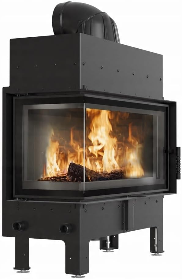 Kamineinsatz Holzofen Eckkamin Stahl Floki ∅200 12kW BImSchV 2 Wirkungsgrad 83% Kamineinsätze Holz Leistungsbereich 4-13kW Traditioneller Kamineinsatz Komplettset mit Zubehör Öffnung nach Links