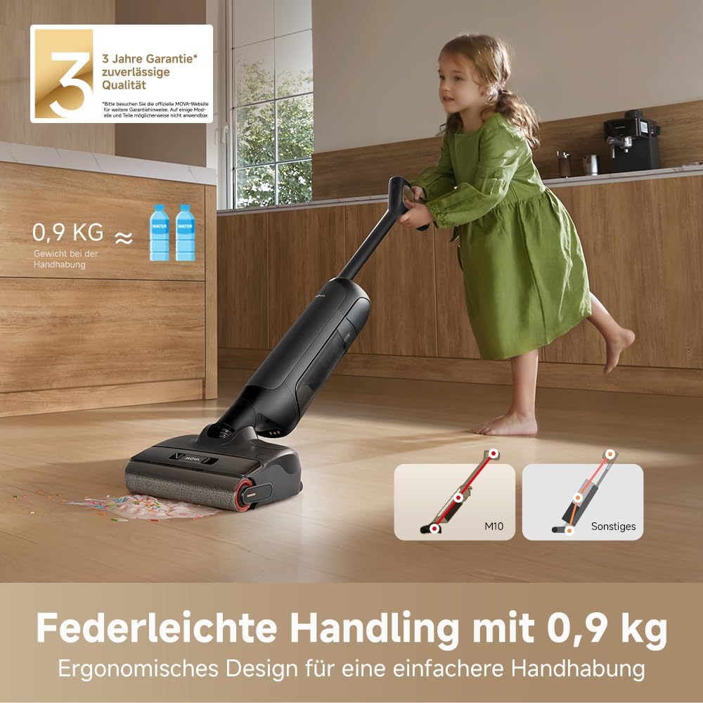 Mova M10 Nass Trockensauger, Flaches 180°, 90° Drehbar, 18.000 Pa Saugkraft, 0,9 kg Gewicht, 75 °C Bürstenreinigung, 5 Min. Heißlufttrocknung, Verhedderungsfrei, Bürste mit Doppelichtungsrotation,