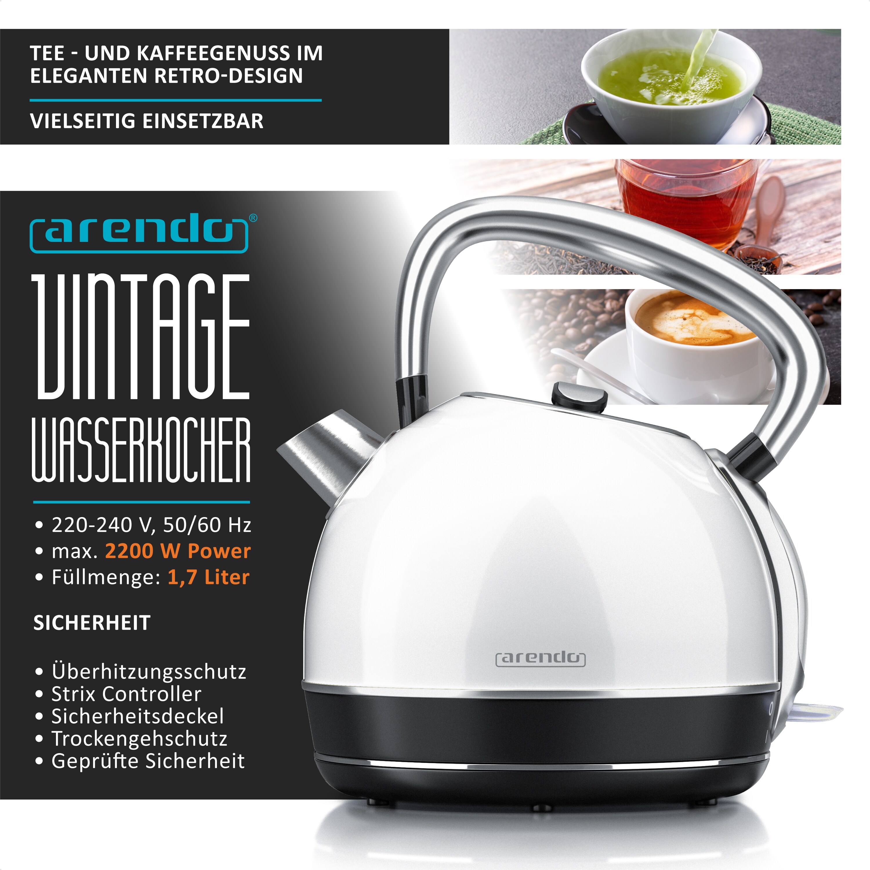 Arendo Wasserkocher 1,7 l, 2200 W, Edelstahl, Retro Style, Vintage, Überhitzungs & Trockenkochschutz, weiß